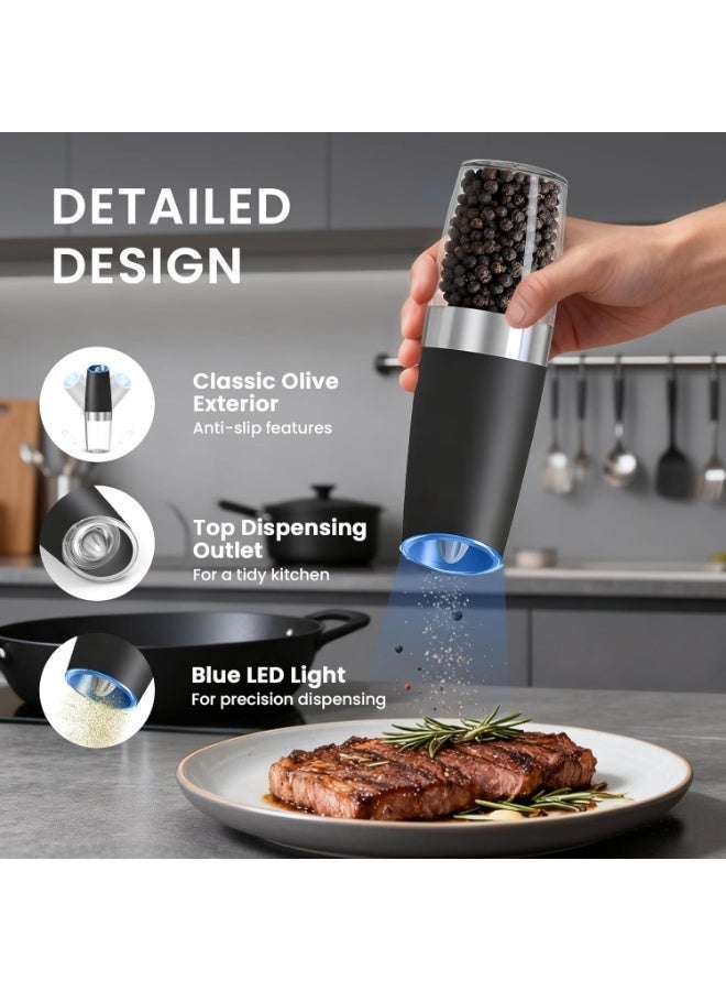 Gravity Electric Salt and Pepper Grinder Set of 2, Automatic Salt and Pepper Grinder Set, Adjustable Roughness, Battery Powered, LED Light, 2 Pack, (Black) - Image 4